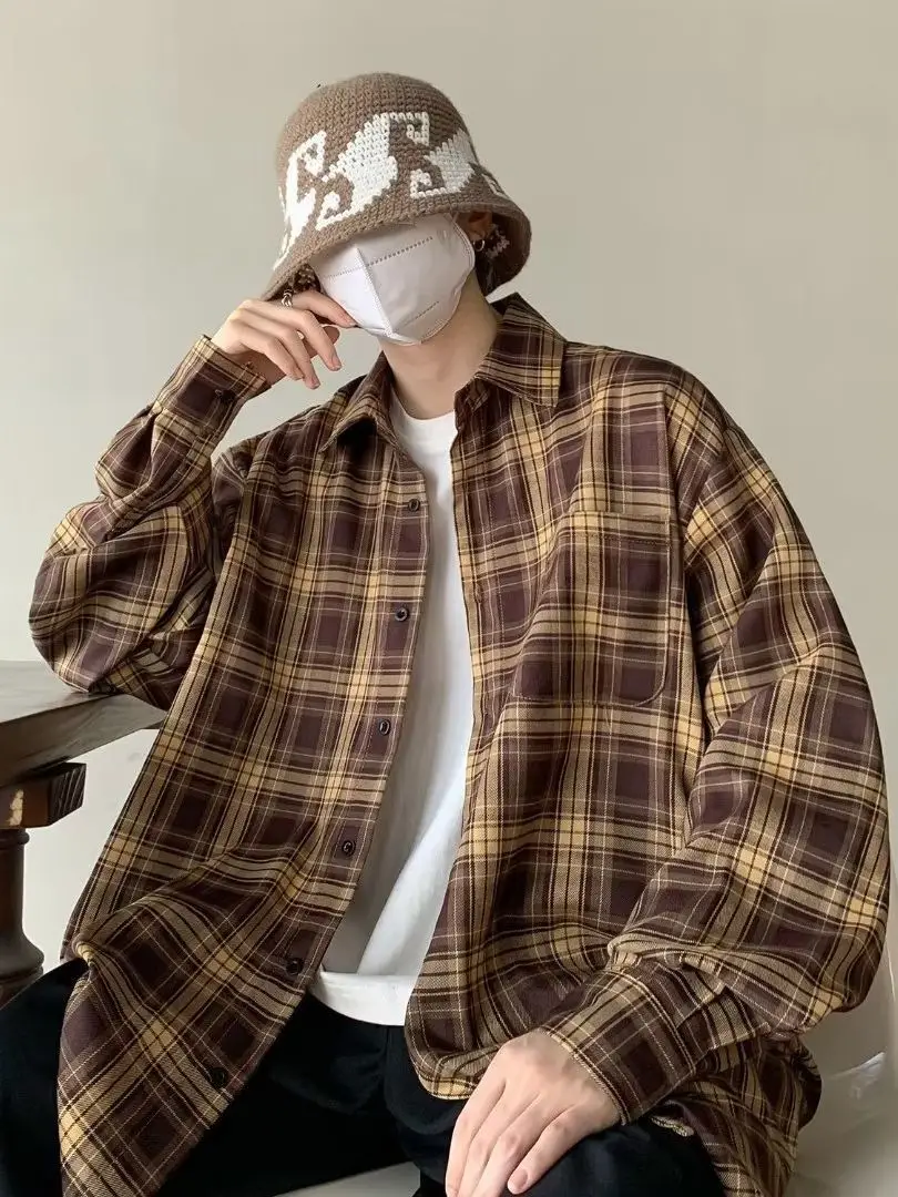 Japanese Plaid Long Sleeve Shirt for Men Spring Autumn - Image 5