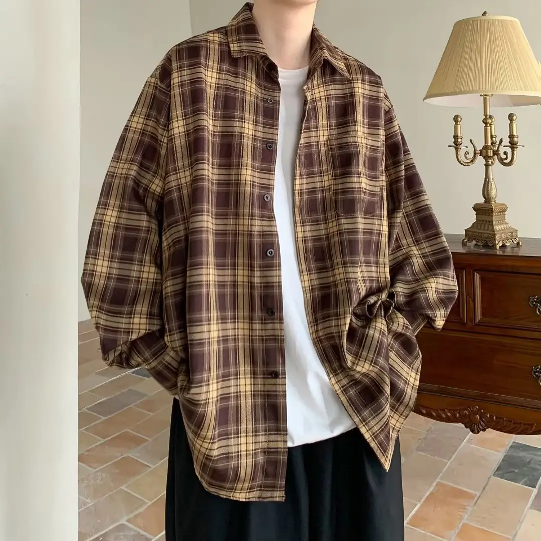 Japanese Plaid Long Sleeve Shirt for Men Spring Autumn — feature 11