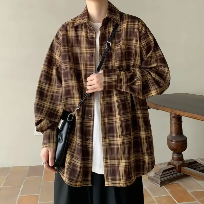 Japanese Plaid Long Sleeve Shirt for Men Spring Autumn — feature 24