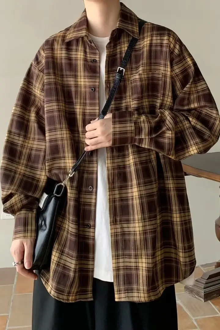 Japanese Plaid Long Sleeve Shirt for Men Spring Autumn — feature 25