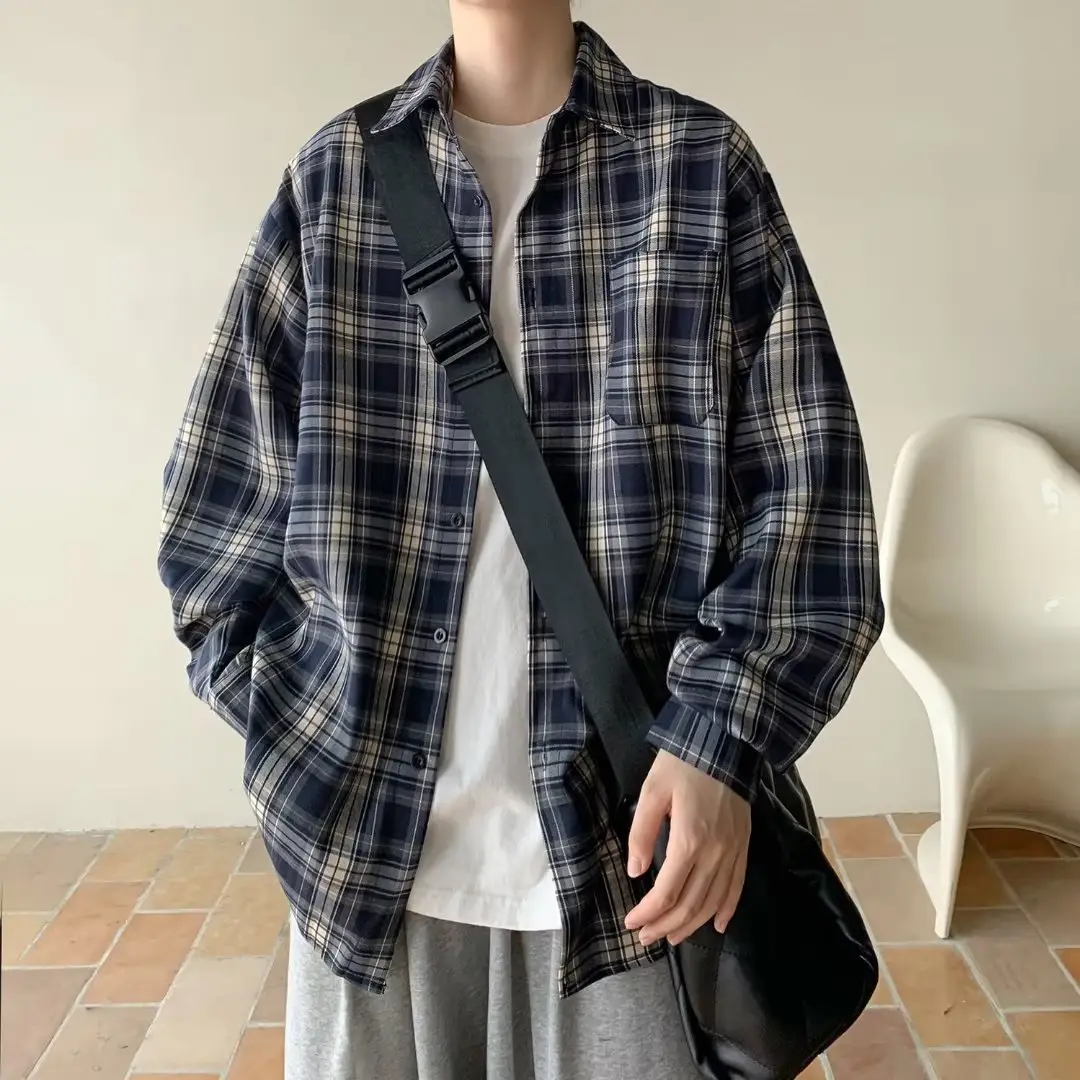Japanese Plaid Long Sleeve Shirt for Men Spring Autumn — feature 5