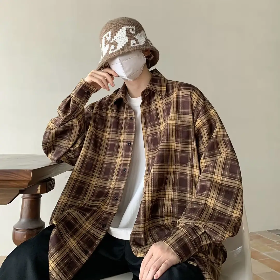Japanese Plaid Long Sleeve Shirt for Men Spring Autumn — feature 8