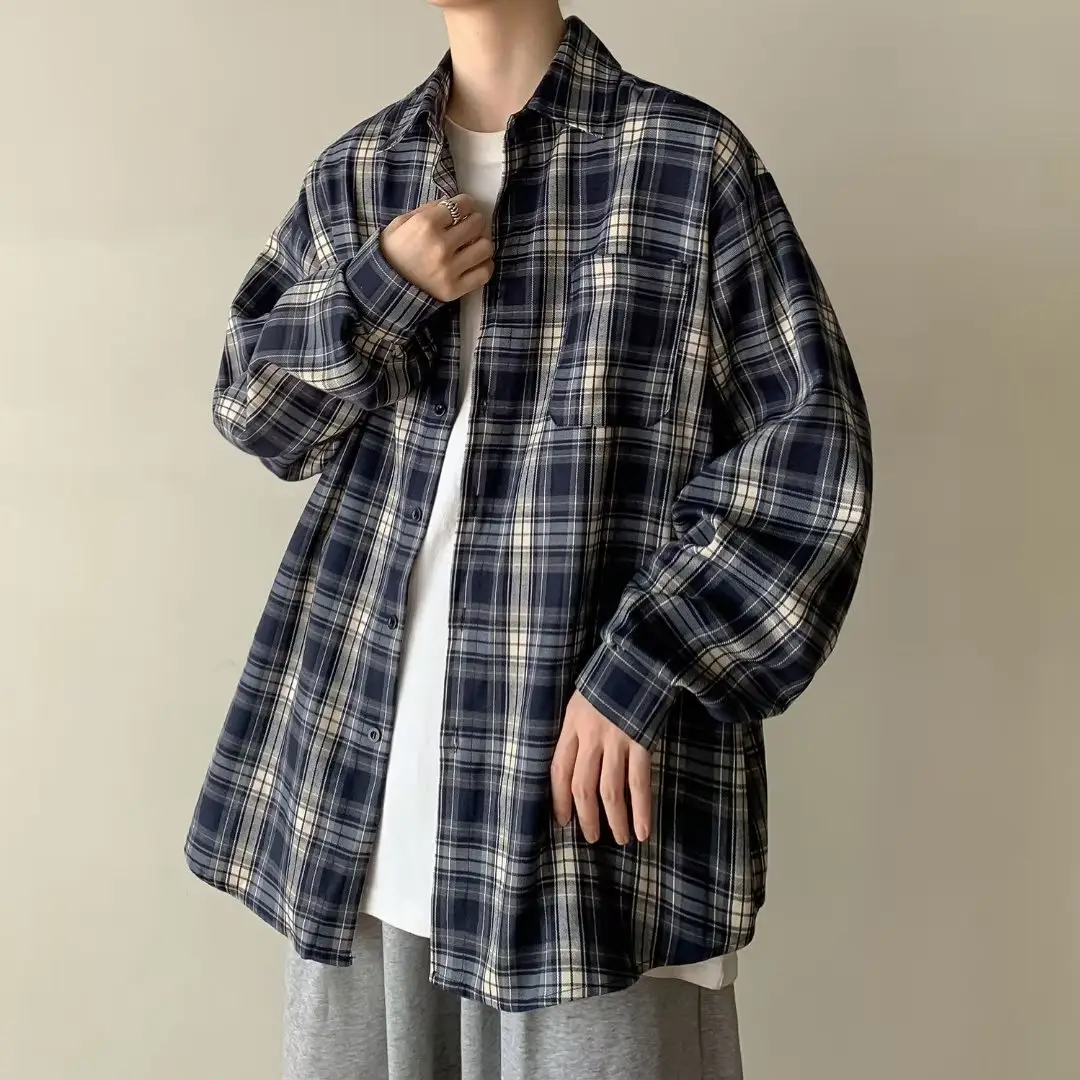 Japanese Plaid Long Sleeve Shirt for Men Spring Autumn — feature 9