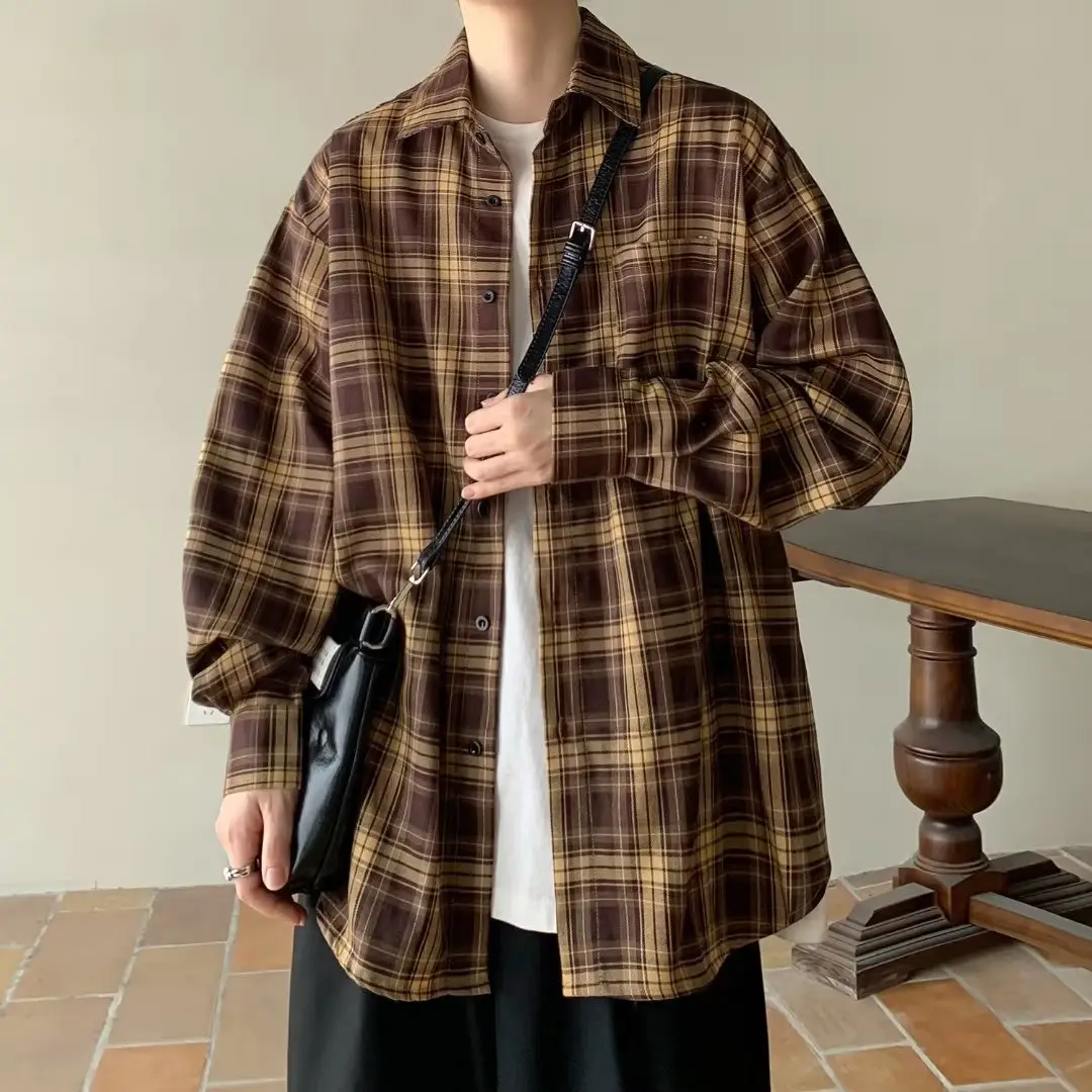 Japanese Plaid Long Sleeve Shirt for Men Spring Autumn - Image 2