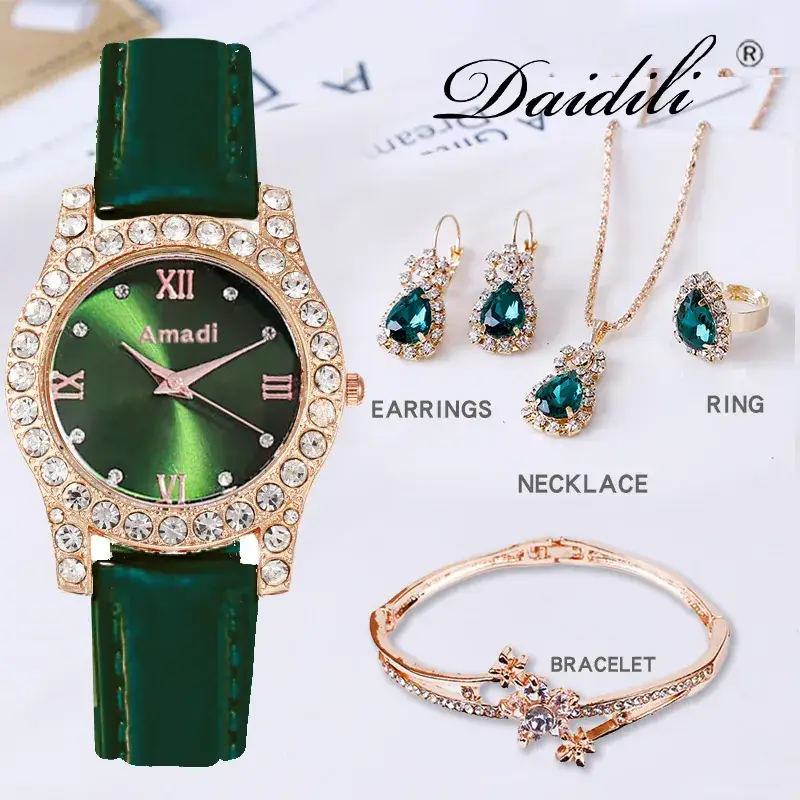 Women's Green Diamond Watch & Jewelry Set - Image 11