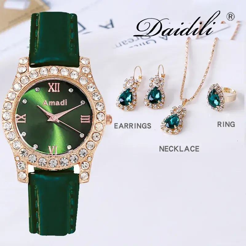 Women's Green Diamond Watch & Jewelry Set - Image 7