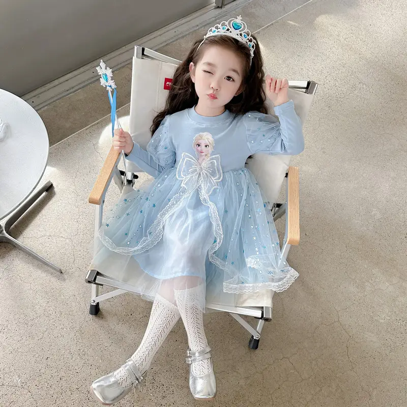 Girls' Korean-Style Long-Sleeve Elsa Princess Dress, Children's 2026 New Autumn Elsa Dress, Cotton Mesh Skirt, Trendy