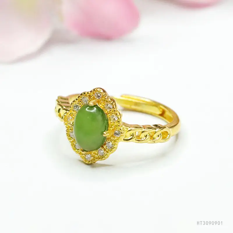 Guan Yu Jade Jasper Ring Gold Plated Rhinestone Set - Image 3