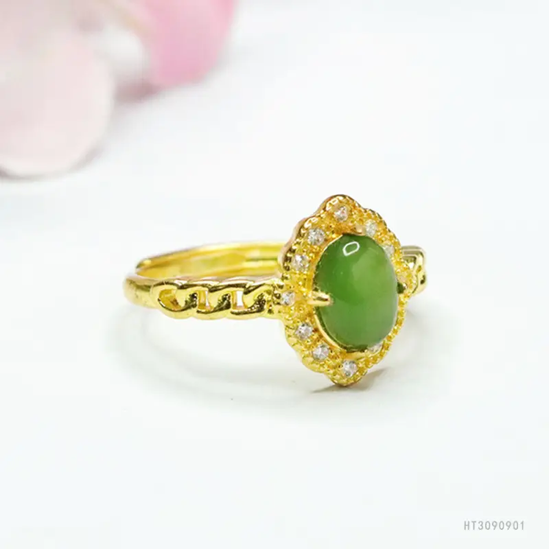 Guan Yu Jade Jasper Ring Gold Plated Rhinestone Set - Image 4