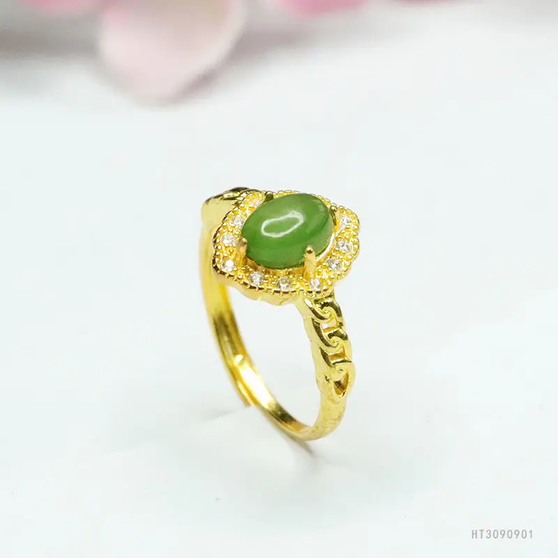 Guan Yu Jade Jasper Ring Gold Plated Rhinestone Set - Image 5