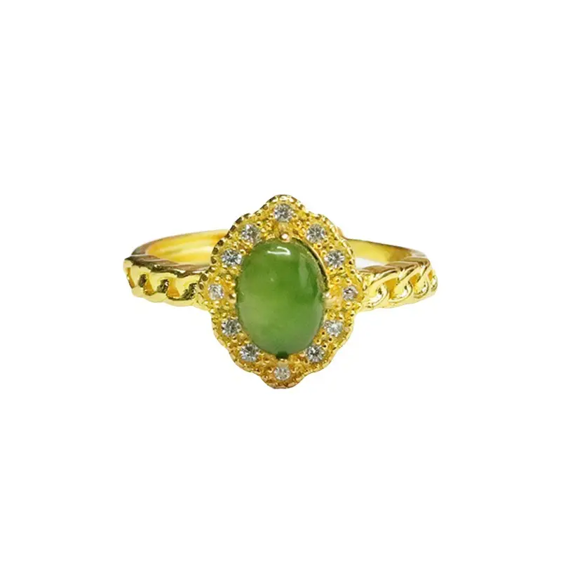 Guan Yu Jade Jasper Ring Gold Plated Rhinestone Set - Image 6