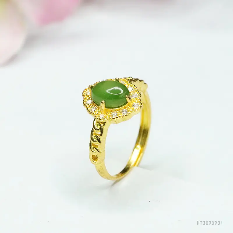 Guan Yu Jade Jasper Ring Gold Plated Rhinestone Set — feature 8