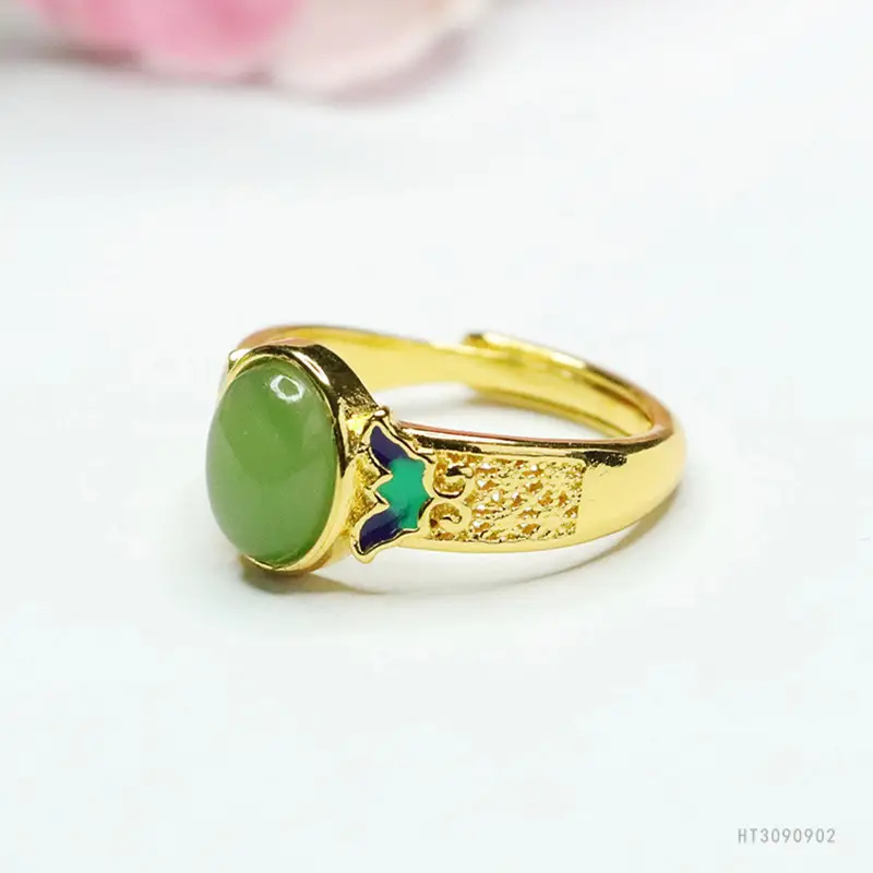 Jadeite Ring Gold Plated Vintage Design - Image 3