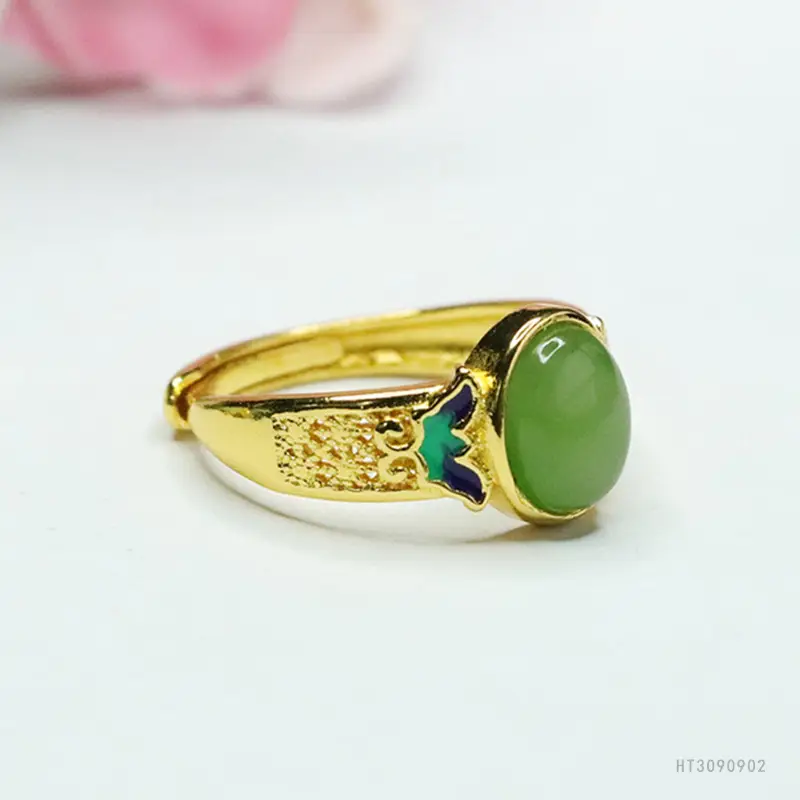 Jadeite Ring Gold Plated Vintage Design - Image 4
