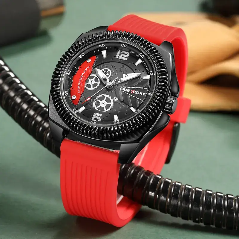 Men's Yellow Silicone Chronograph Watch with Cross Strap - Image 12