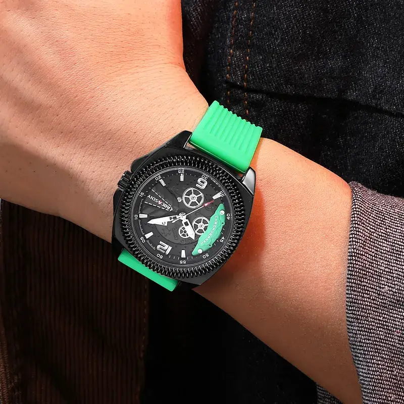 Men's Yellow Silicone Chronograph Watch with Cross Strap - Image 13