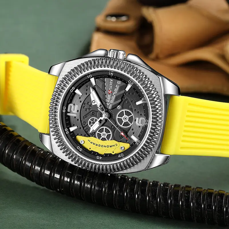 Men's Yellow Silicone Chronograph Watch with Cross Strap — feature 14