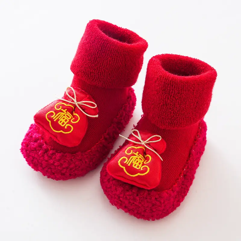 Red Fleece Baby Floor Socks for Toddler Winter Warm