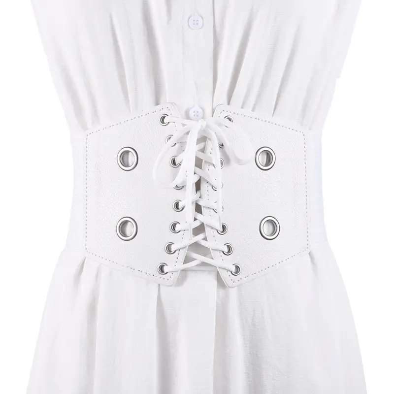 Women's White Lace-Up Waist Belt with Grommet Design - Image 2