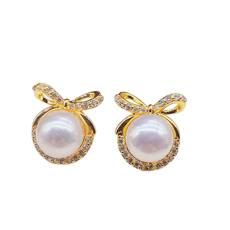 Natural Pearl Bow Zircon Earrings Gold Plated - Image 8