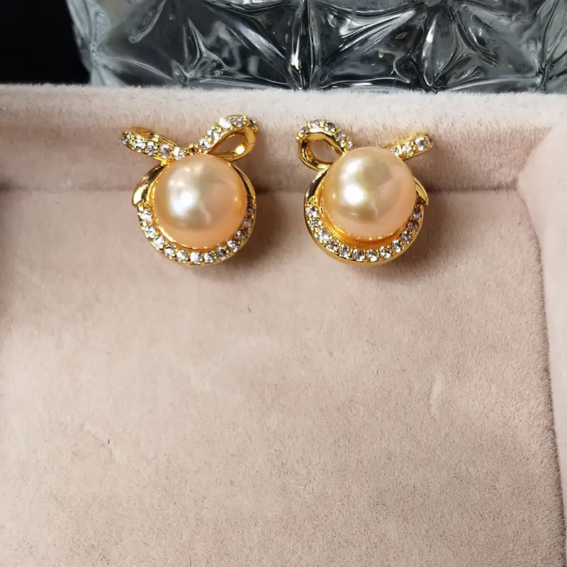 Natural Pearl Bow Zircon Earrings Gold Plated — feature 10