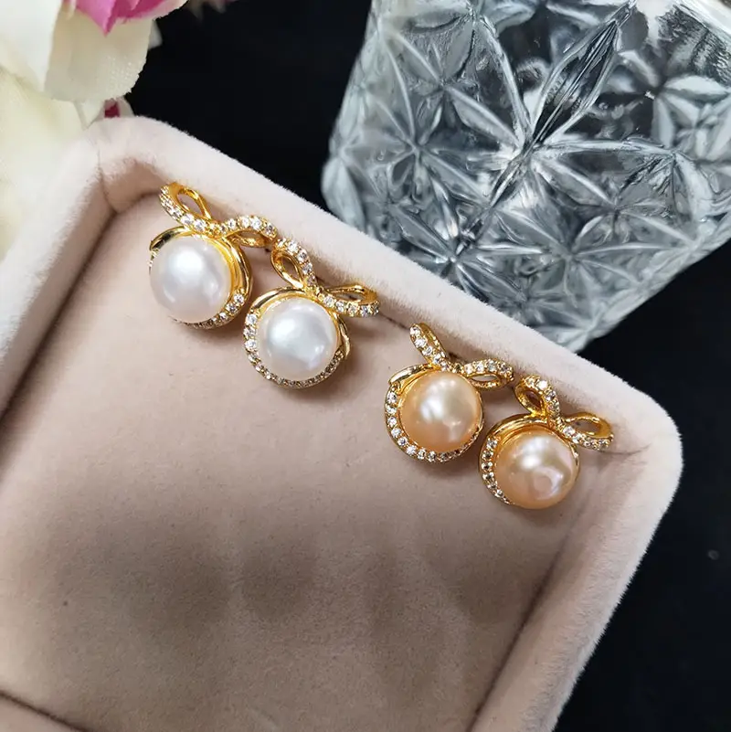 Natural Pearl Bow Zircon Earrings Gold Plated — feature 11
