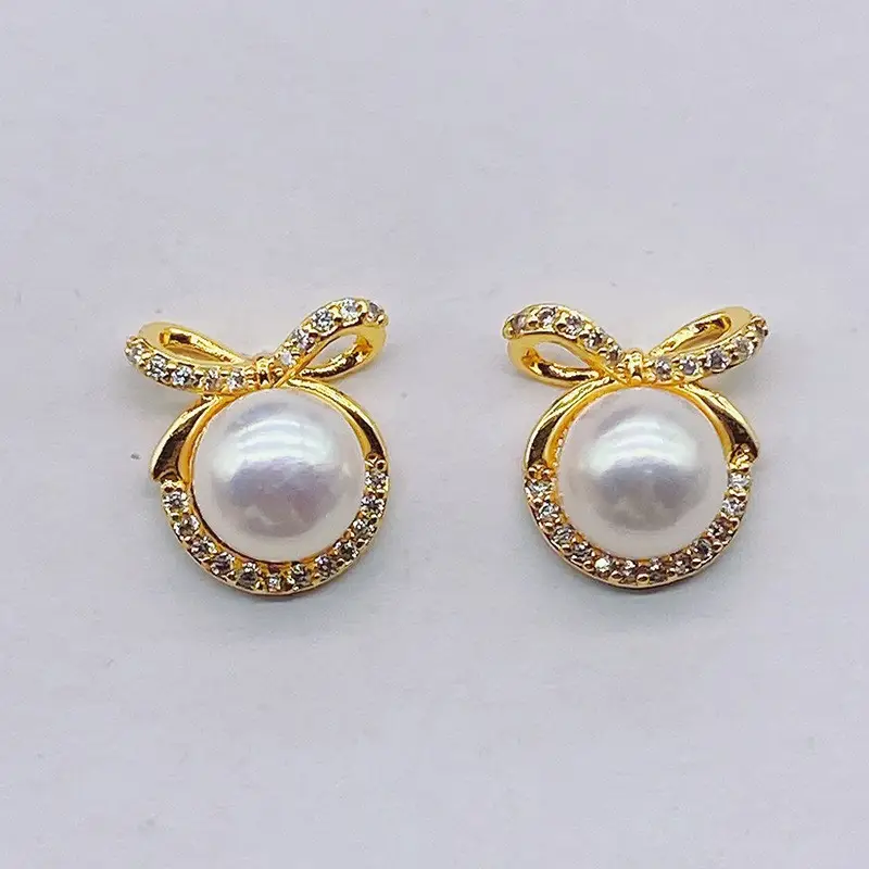 Natural Pearl Bow Zircon Earrings Gold Plated — feature 12