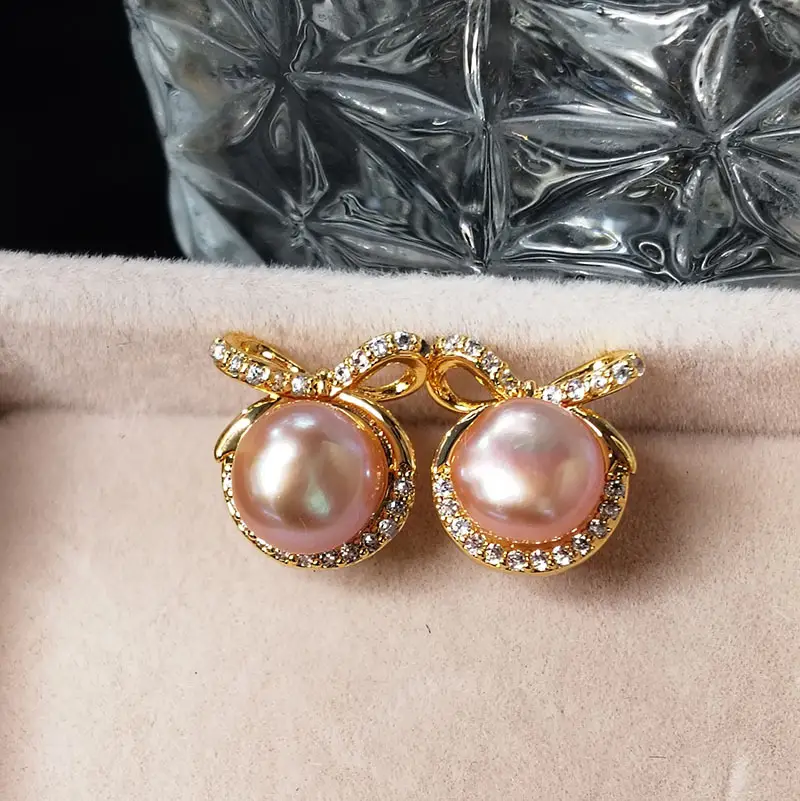 Natural Pearl Bow Zircon Earrings Gold Plated — feature 6