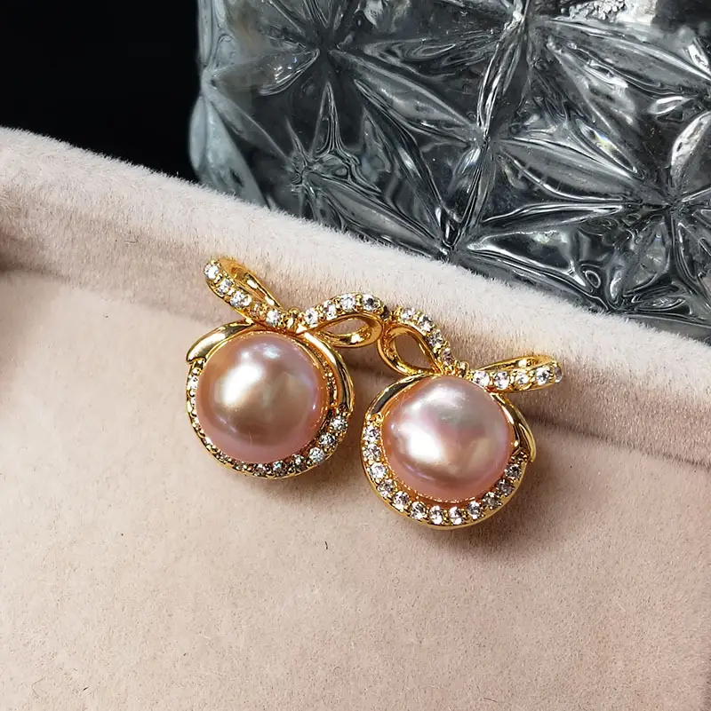 Natural Pearl Bow Zircon Earrings Gold Plated — feature 7