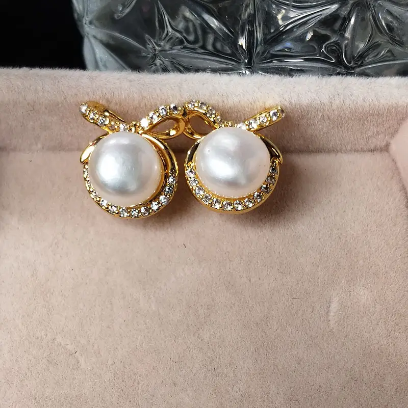 Natural Pearl Bow Zircon Earrings Gold Plated - Image 2