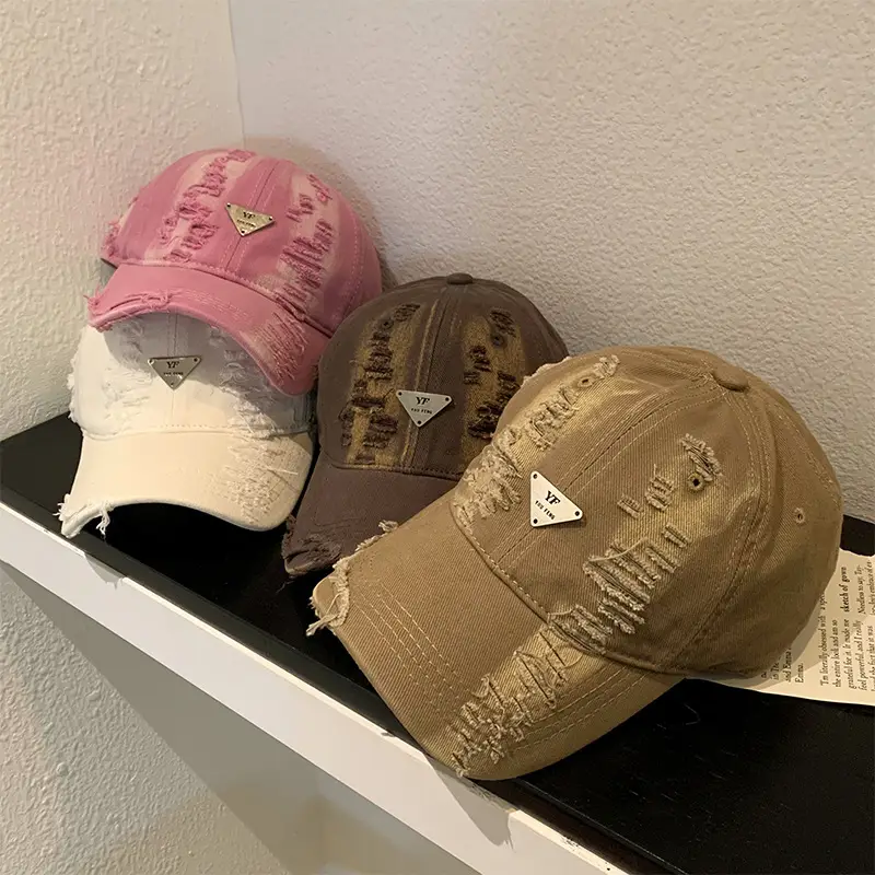 Retro Pink Distressed Baseball Cap Women Wide Brim - Image 9