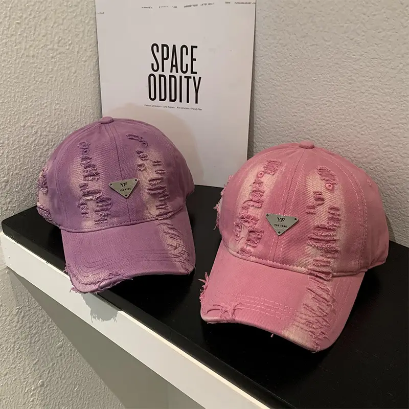 Retro Pink Distressed Baseball Cap Women Wide Brim - Image 10