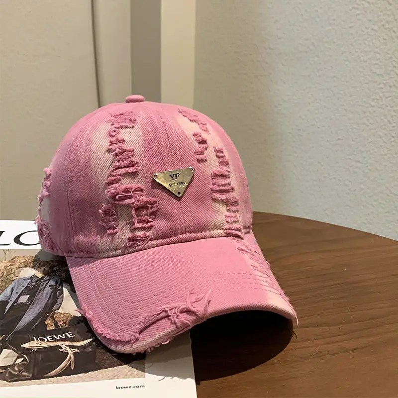 Retro Pink Distressed Baseball Cap Women Wide Brim - Image 2