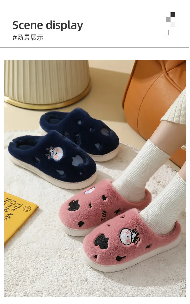 Winter home indoor cotton slippers men's and women's home closed toe fleece-lined thick bottom non-slip thermal plush slippers wholesale — feature 11