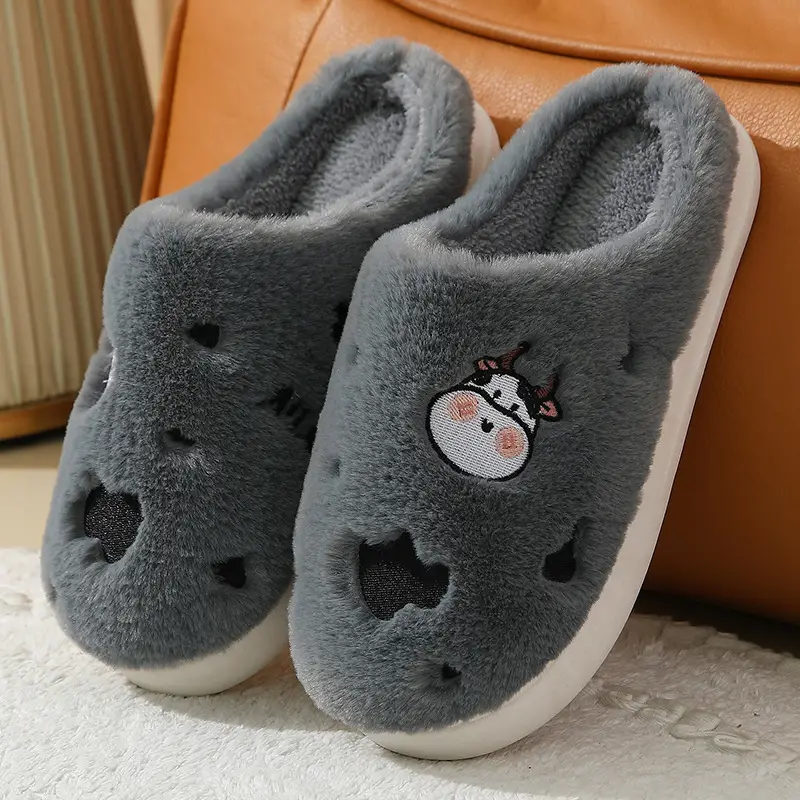Winter home indoor cotton slippers men's and women's home closed toe fleece-lined thick bottom non-slip thermal plush slippers wholesale