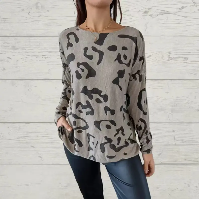 Women V-Neck Printed T-Shirt Grey Black Loose Fit - Image 6