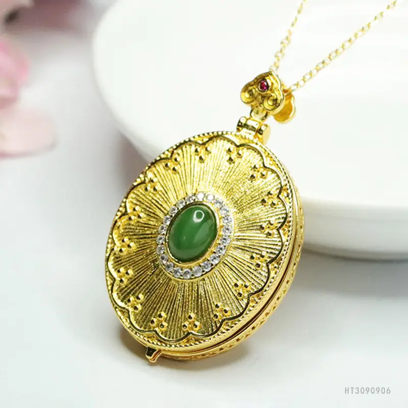 Guan Yu Jade Pendant Necklace Antique Gold Green Stone - Image 5