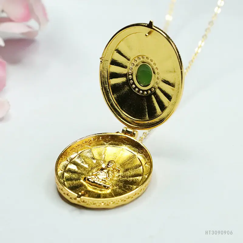 Guan Yu Jade Pendant Necklace Antique Gold Green Stone - Image 6