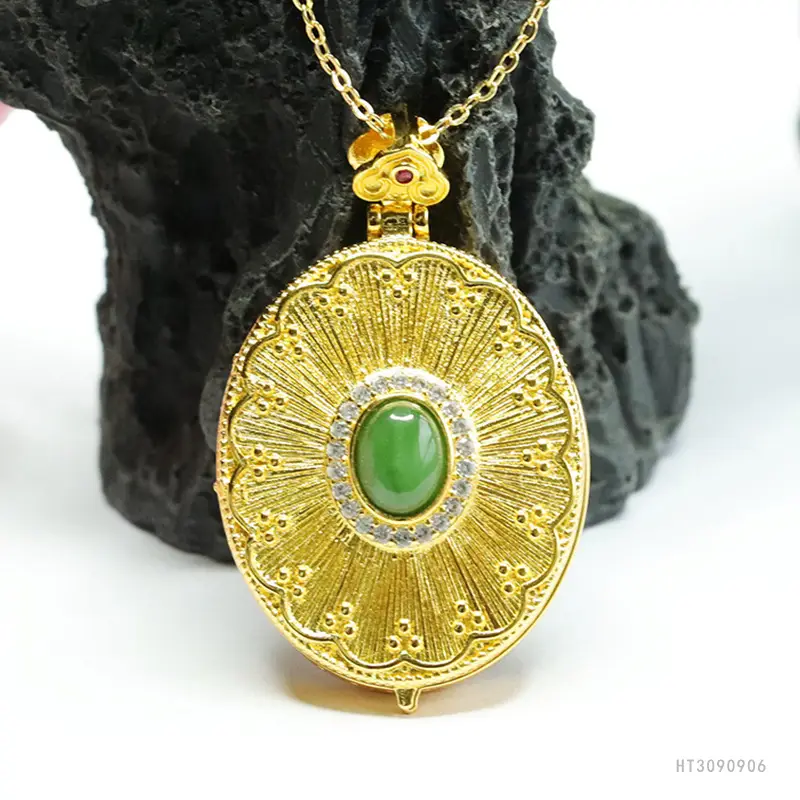 Guan Yu Jade Pendant Necklace Antique Gold Green Stone - Image 2