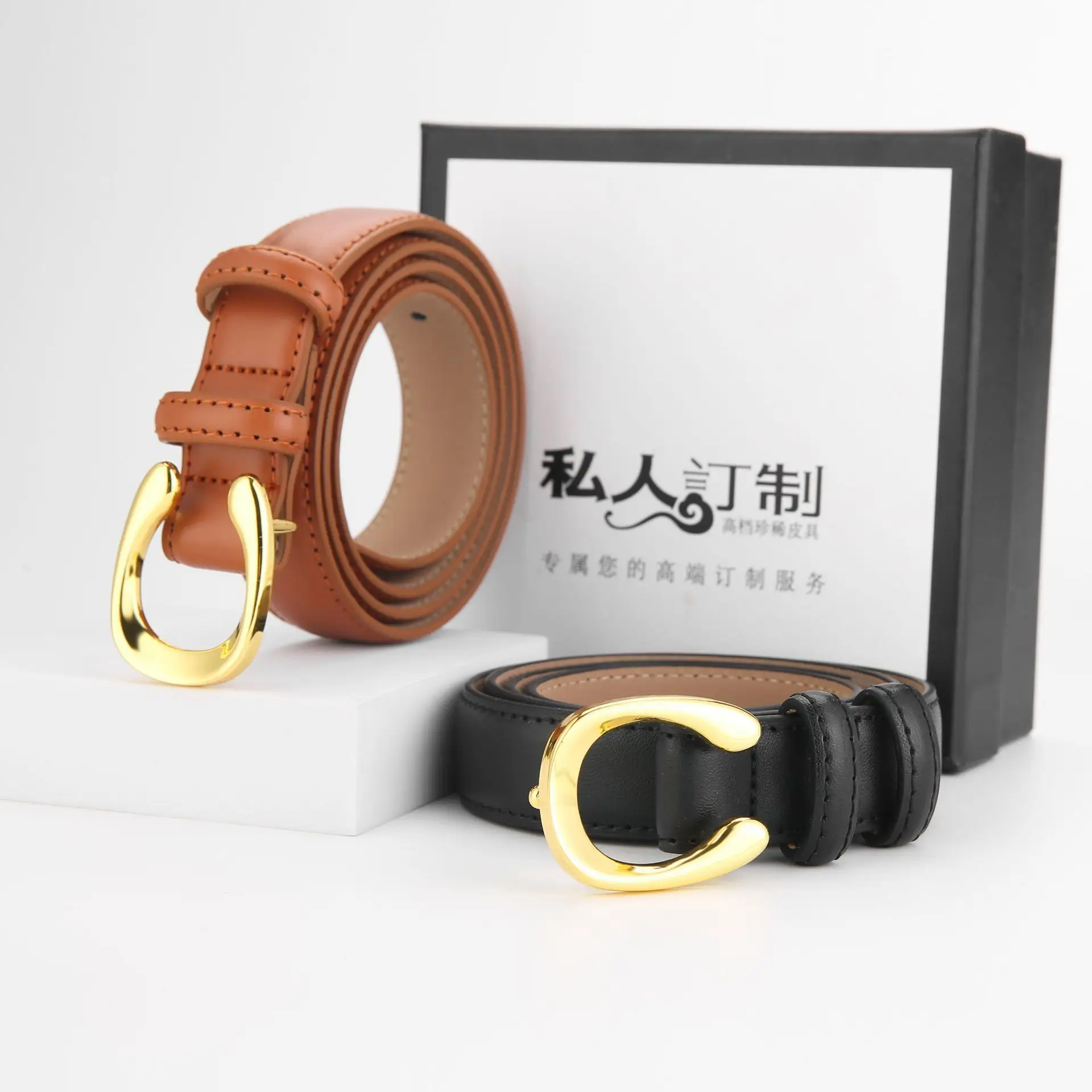 Women's Thin Leather Belt with Gold Buckle Brown Black - Image 7