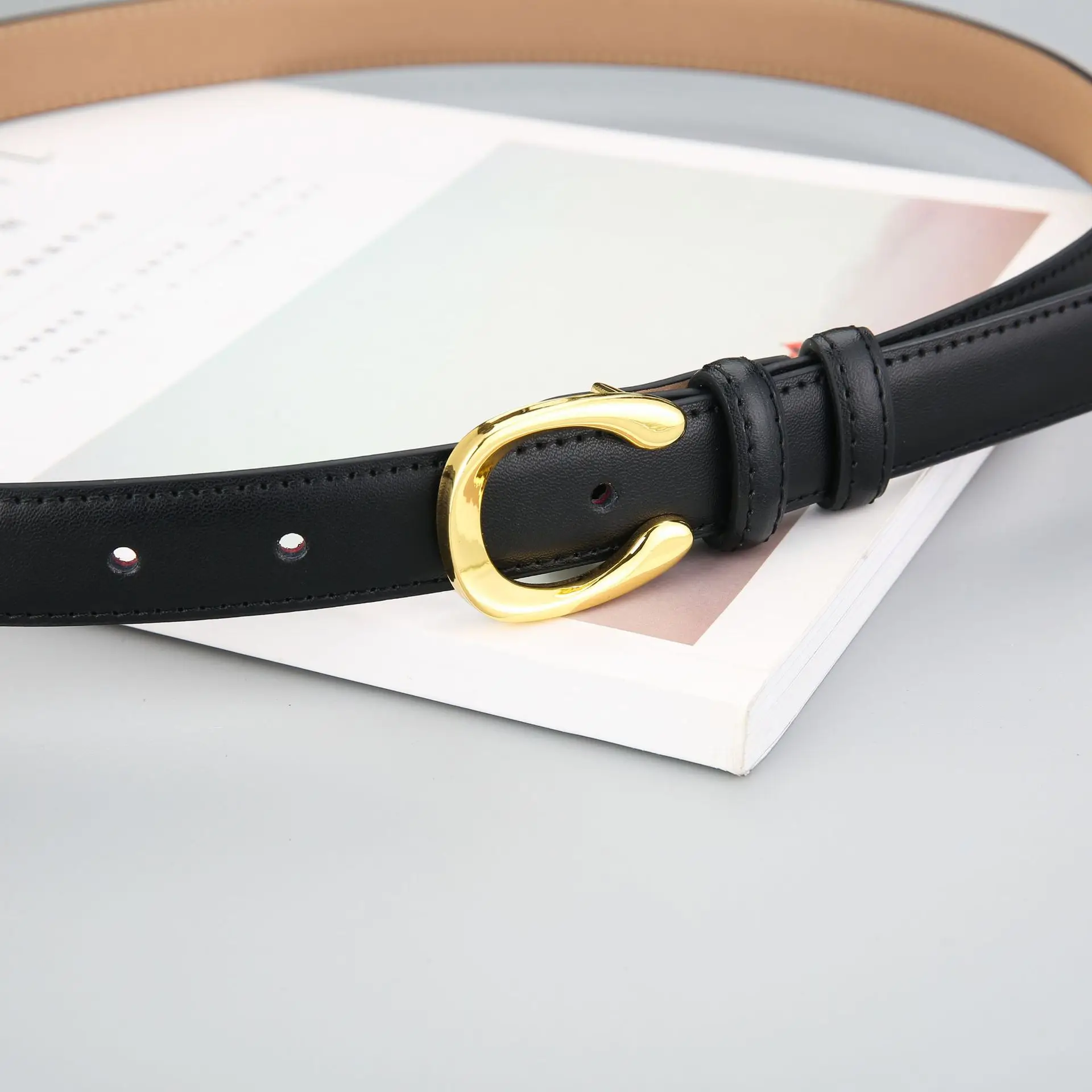 Women's Thin Leather Belt with Gold Buckle Brown Black - Image 8
