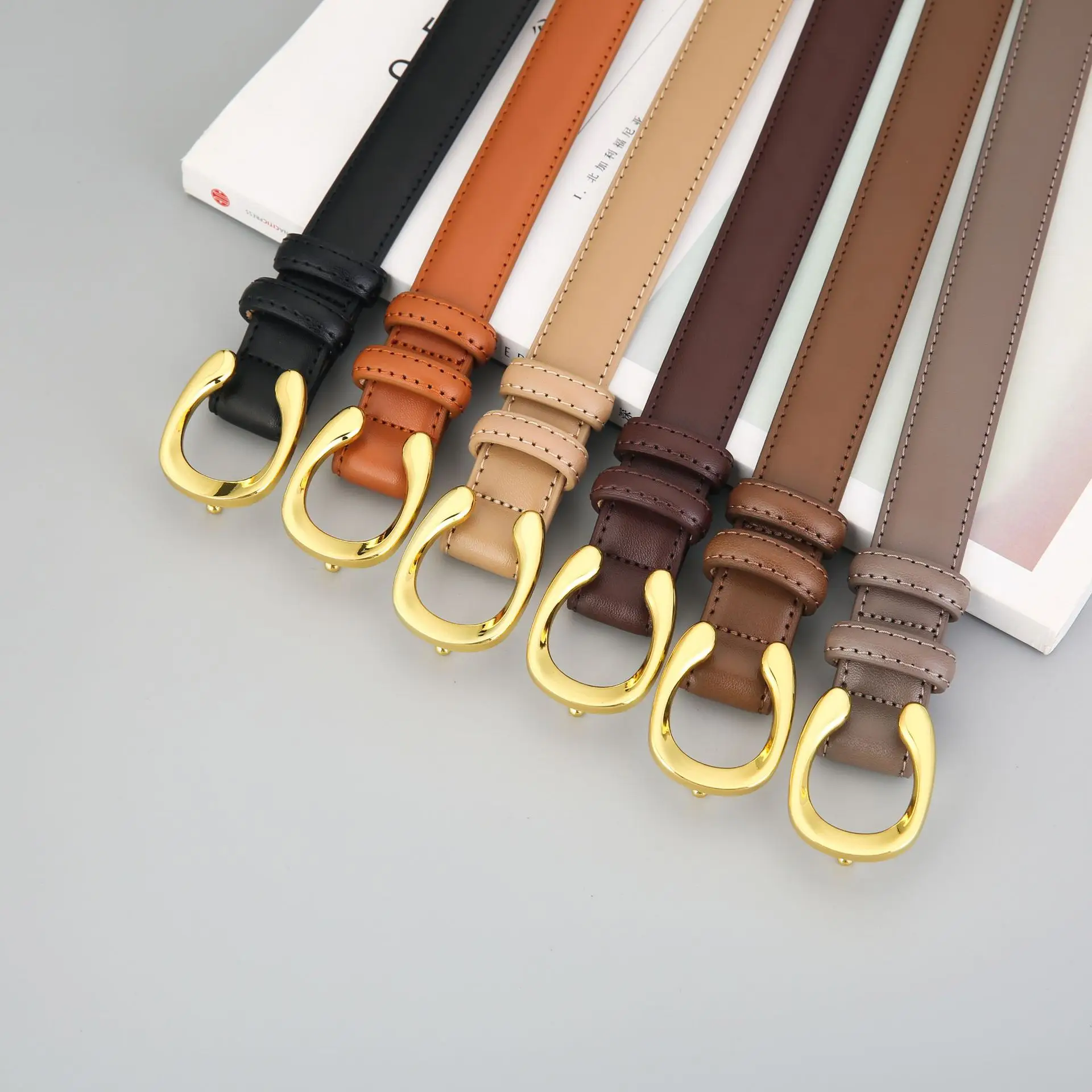 Women's Thin Leather Belt with Gold Buckle Brown Black - Image 10