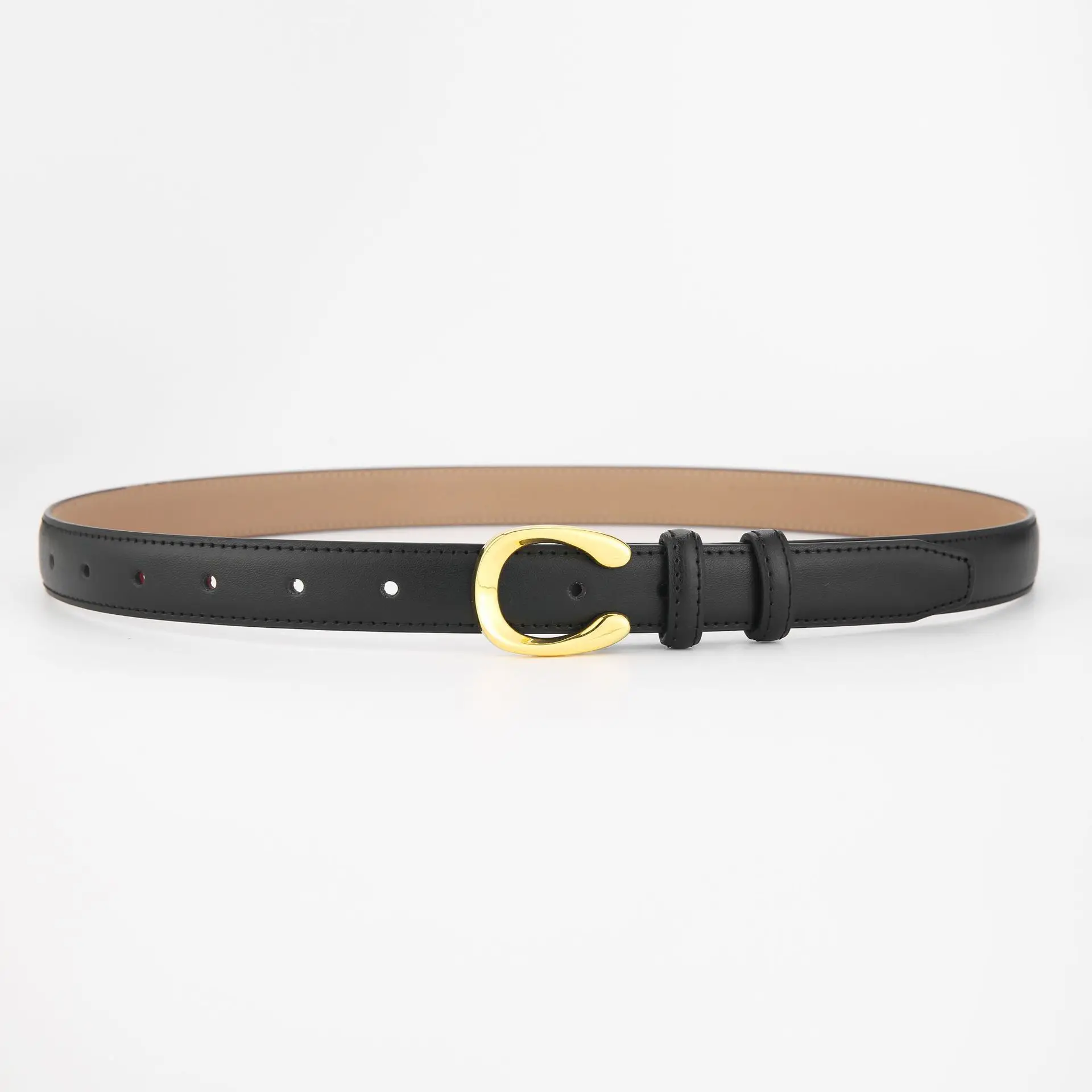 Women's Thin Leather Belt with Gold Buckle Brown Black - Image 11