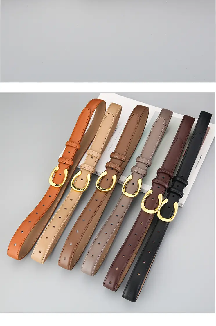 Women's Thin Leather Belt with Gold Buckle Brown Black β feature 12