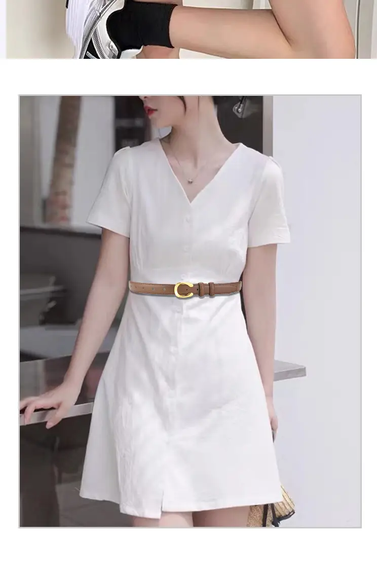 Women's Thin Leather Belt with Gold Buckle Brown Black β feature 2