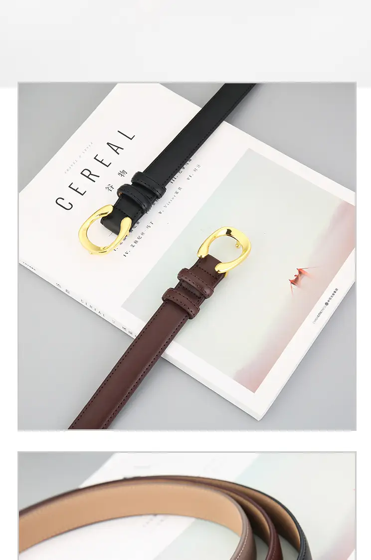 Women's Thin Leather Belt with Gold Buckle Brown Black β feature 4