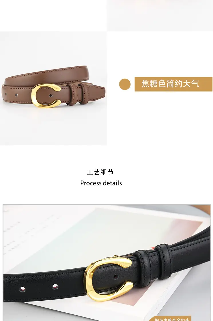Women's Thin Leather Belt with Gold Buckle Brown Black β feature 8