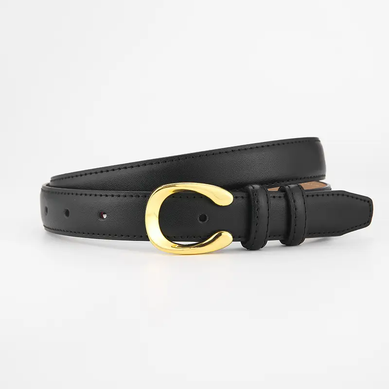 Women's Thin Leather Belt with Gold Buckle Brown Black