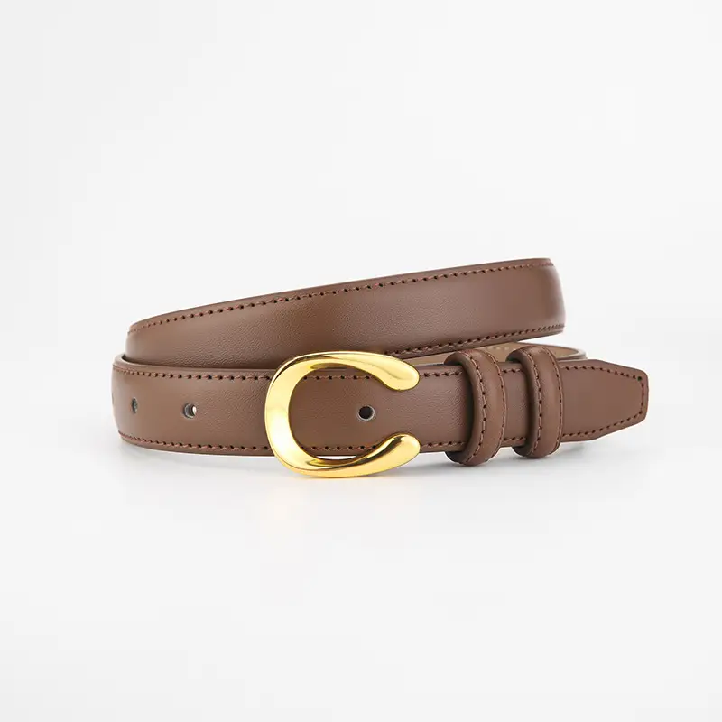 Women's Thin Leather Belt with Gold Buckle Brown Black - Image 2