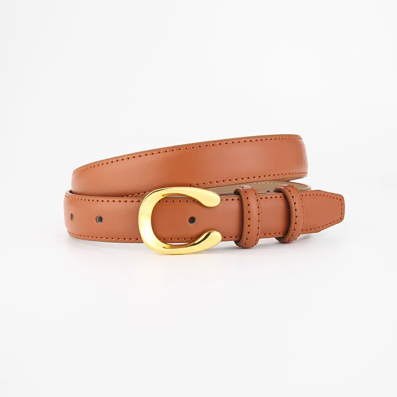 Women's Thin Leather Belt with Gold Buckle Brown Black - Image 3
